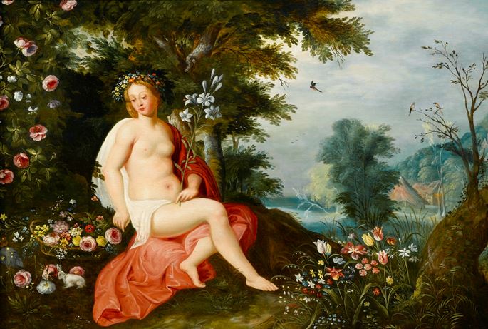Jan Brueghel II - Flora Seated in a Wooded Landscape and Surrounded by Flowers | MasterArt